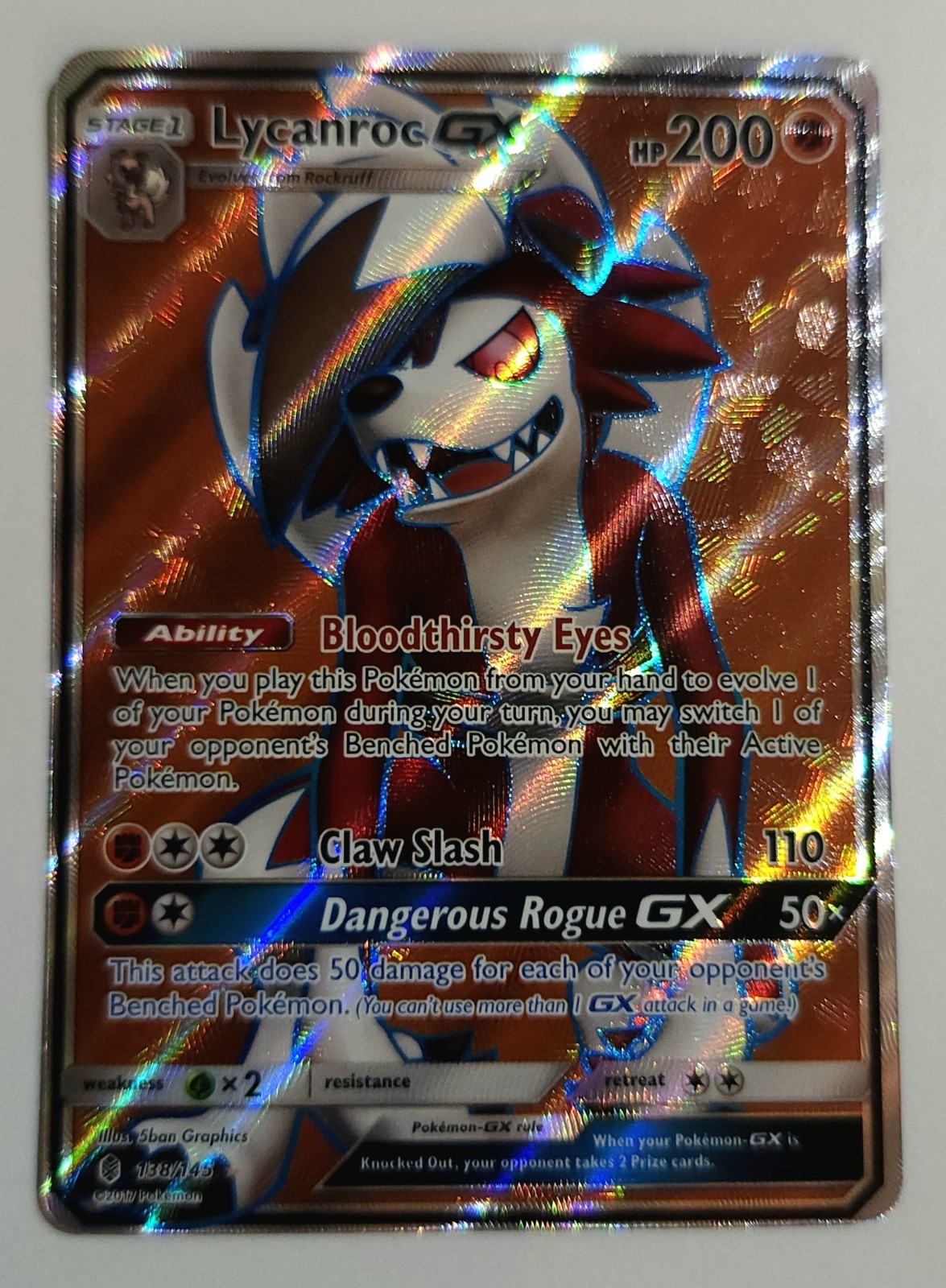LYCANROC GX - #138/145 - Pokemon Guardians Rising Sun Moon Full Art Rare Card LP