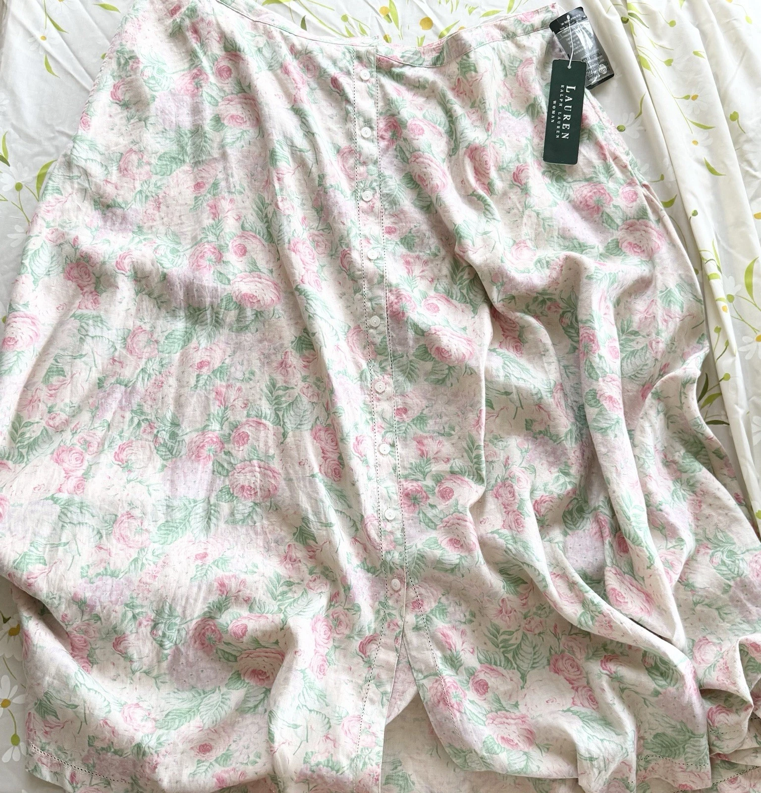 22W, NWT Lauren Ralph Lauren Floral Linen Button-Front Midi Skirt - Pink Rose