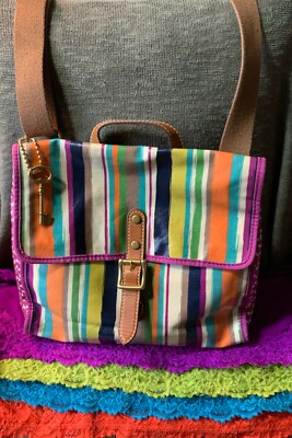 Fossil Multi-Color Stripe Coated Canvas Flap Push Lock Messenger Crossbody 