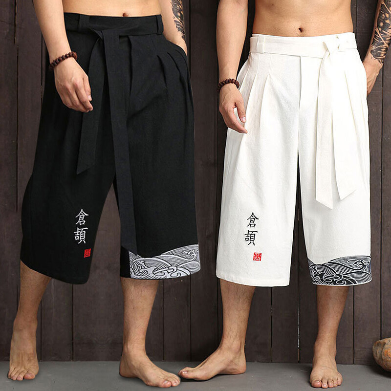 Men Capri Hakama Pants Loose Yukata Trousers Japanese Traditional