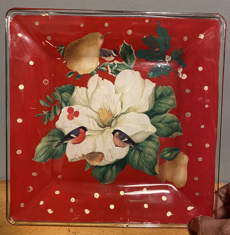 XMAS Reverse RED Decoupage THICK Lg.Glass Platter. Holidays /birds/snow/Flower