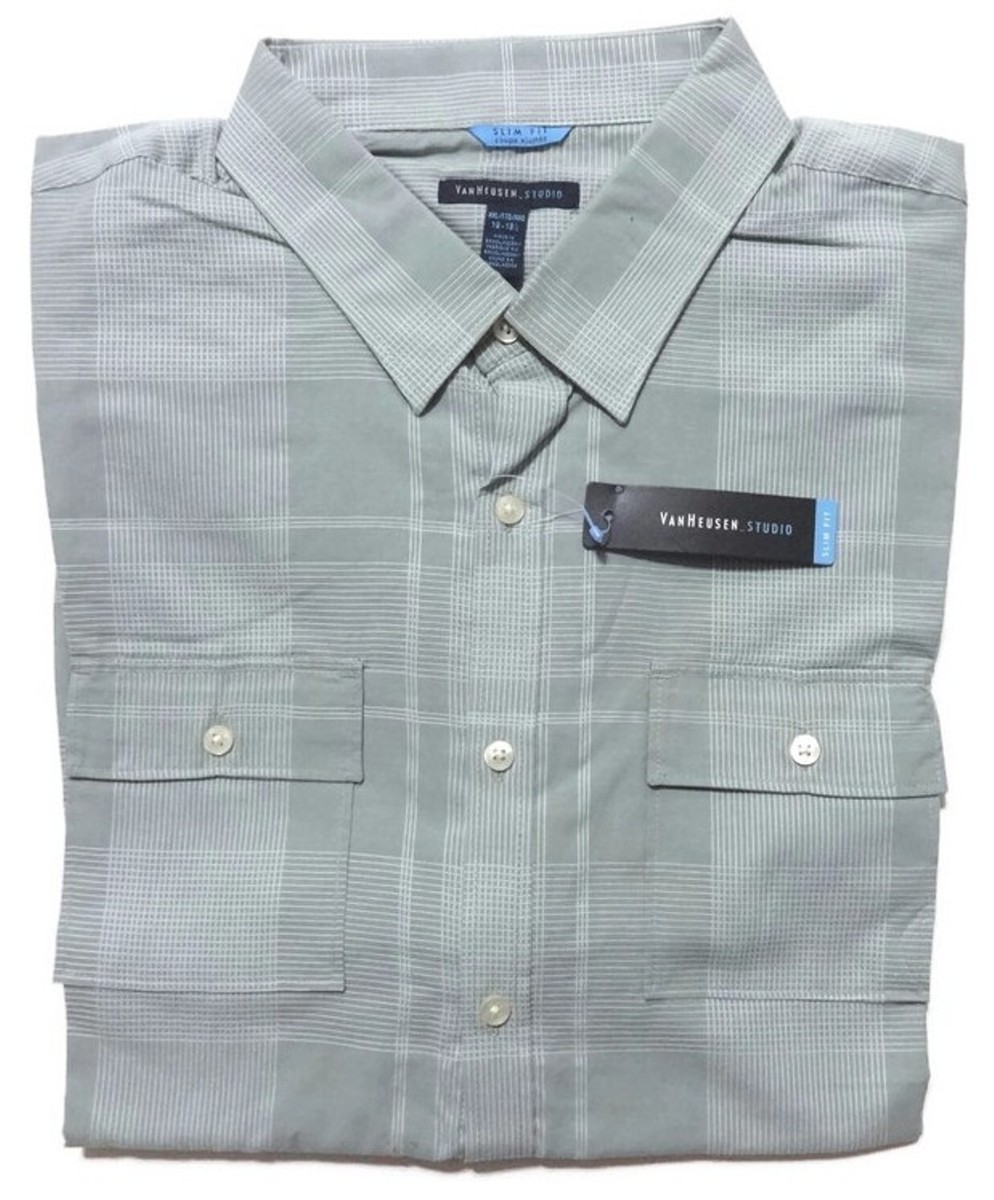 van heusen slim fit short sleeve dress shirt Van Heusen Men's Performance Knit SS Leaf Print, Blue, XL