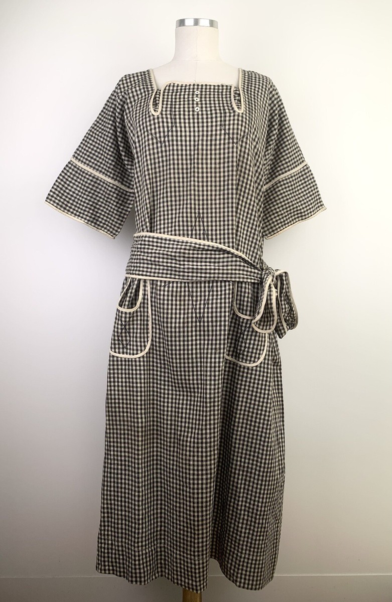 Antique 1920s Dress Black Ivory Gingham Check Size L/XL Vintage Day House Chore | eBay Antique 1920s Dress Black Ivory Gingham Check Size L/XL Vintage Day House Chore | eBay