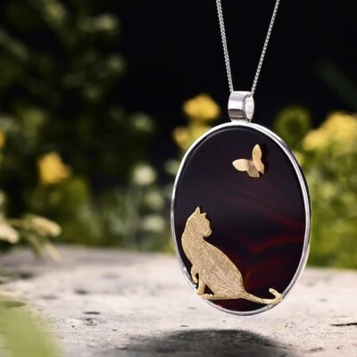 Handmade Cat ButterFly Natural Agate Two Tone Pendant 925 Sterling Silver