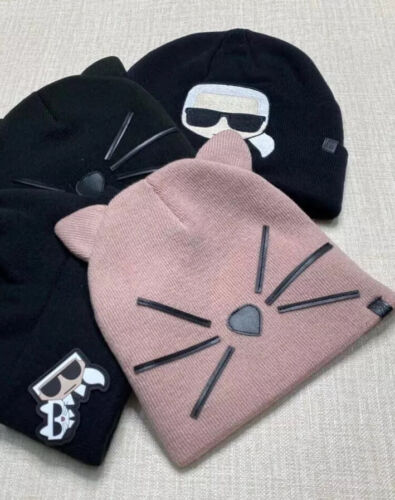 Authentic Karl Lagerfeld Pompom Beanie Women Men Unisex Black White Pink HAT - Picture 2 of 14