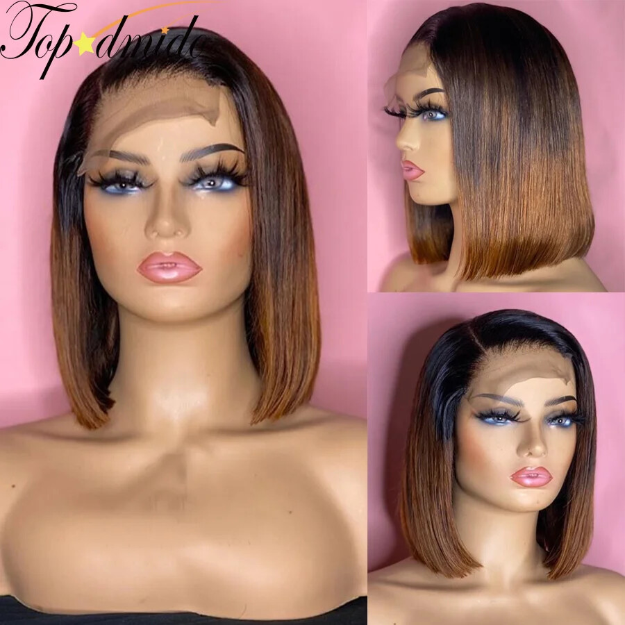 13x4 Ombre Brown Short Bob Lace Front Wig Human Hair Glueless Remy