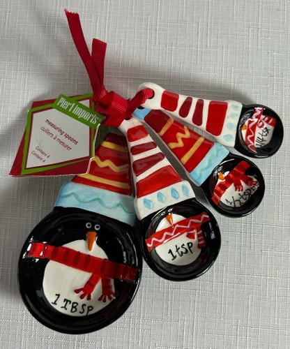Pier 1 Imports Christmas Penguins Porcelain Measuring Spoons Set of 4 NEW