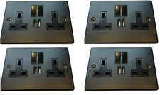 WK Matt Black Finish Double Wall Plug Socket  2 Gang Twin Switch + Twin USB Port