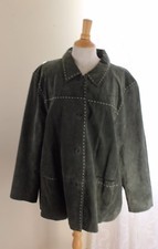 Denim & Co Sz 2x Soft Green Elegant Trim 100% Suede Leather Coat Washable Jacket
