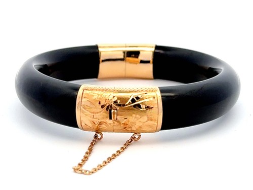 Black Jade Bangle 14k Yellow Gold - Picture 3 of 7