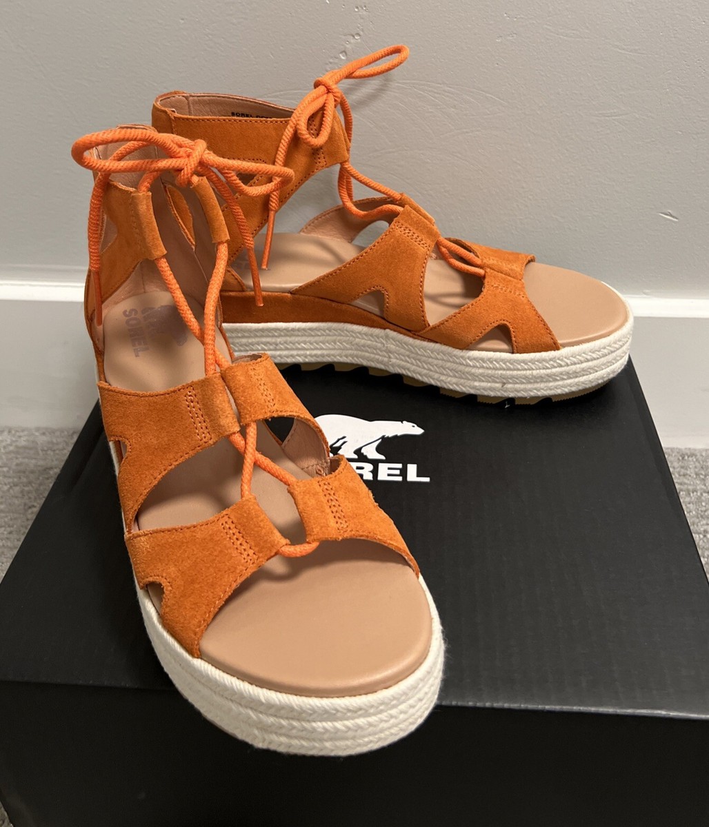 NIB SOREL Orange Suede Wedge “Cameron Platform Lace Sandals” Size
