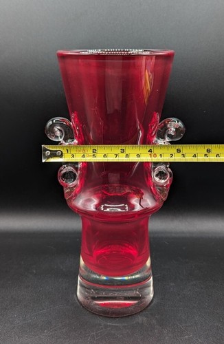 Jozef Gorski Tschechische Glas rote Vase mit klaren Schriftrollen HSG Tarnów, Vintage wie besehen - Bild 7 von 13