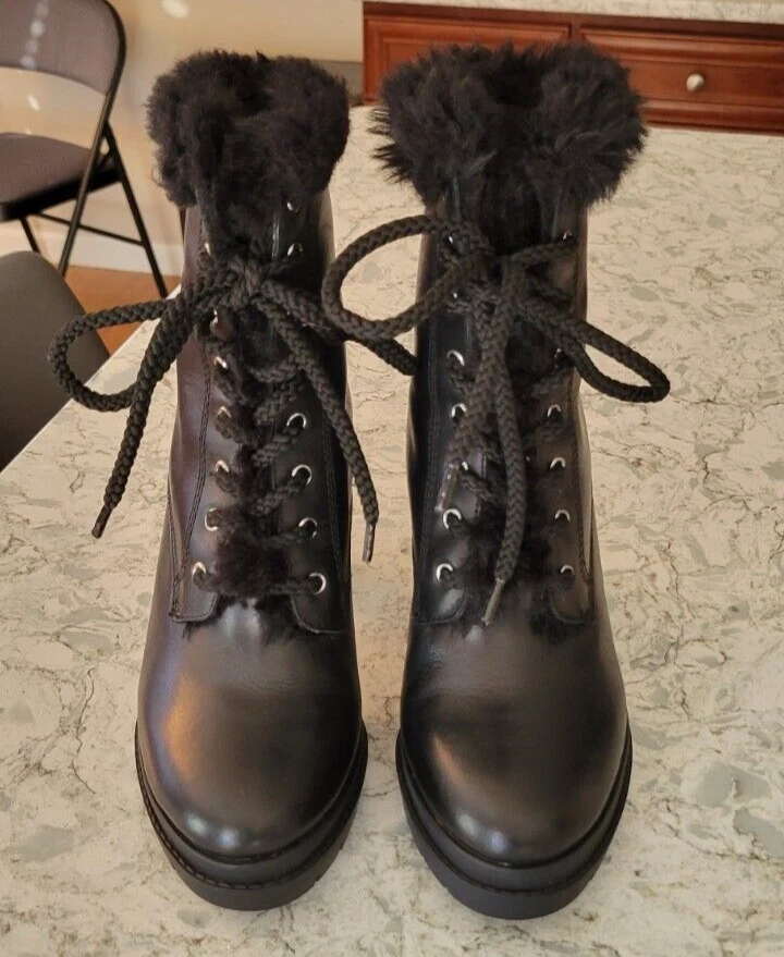 Botas para mujer DKNY de cuero negro con cordones cremallera piel de combate Tim talla 8,5 39 tacones Foto 4 de 4