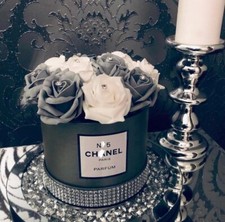 Small Bling designer flower Hat Box, Grey And White Roses Faux Flowers