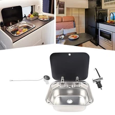 RV Caravan Camper Sink Stainless Steel Hand Wash Basin & Glass Lid & Faucet