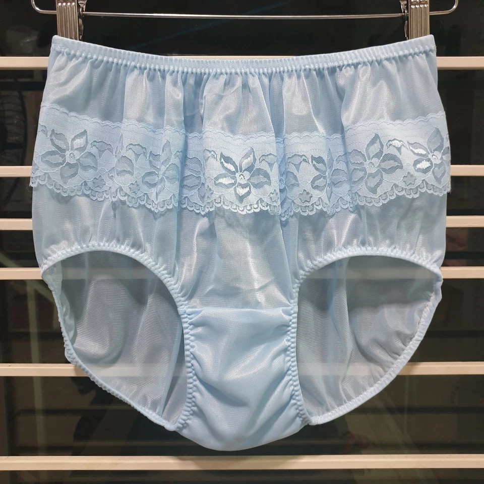 Vintage Sheer Nylon Panty Blue Sissy Floral Lace Granny Brief Size 8 Hip 39-43" - Image 3 of 4