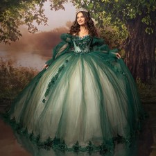 Green Shiny Quinceanera Dresses Puff Sleeve Ball Gown Birthday Party Sweet 16