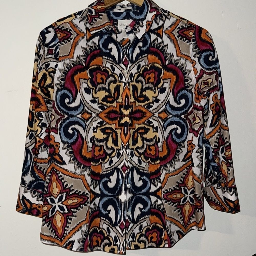 Chico's Multicolor Ikat Button Front Collared Cot… - image 2