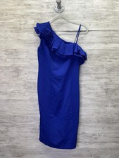 Marina Womens Blue Sheath One Shoulder Ruffle Midi Formal Cocktail Dress 4
