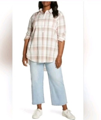 Caslon Plaid Button-Up Tunic in White Pale Pink Tan Western Boho 100% Cotton 1X