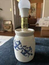 Vintage Stoneware Pottery Lamp Crock w Blue Dogwood Flowers