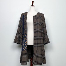 CAbi Plaid Houndstooth Zip Front Navy Brown Flounce Hem Overcoat Jacket NWT