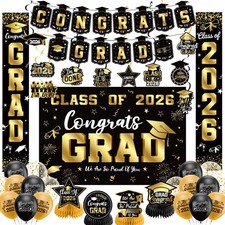 Graduation Decorations 2026 Set Black Gold, Congrats Grad Decor Set with Bann...