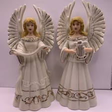 Pair Of Glazed porcelain angel taper candle holders ivory gold harp and Scroll