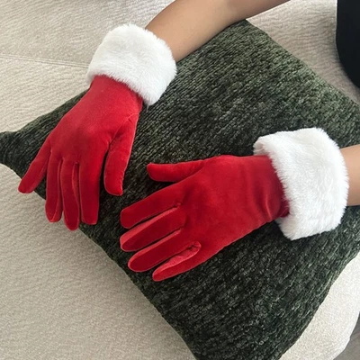Femme Noël Velours Gants Hiver Fausse Fourrure Chaud Peluche Santa Rouge Vert - Photo 1/4