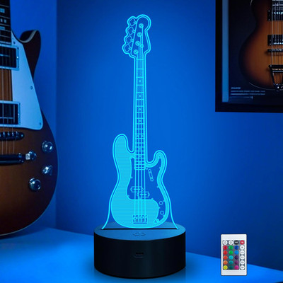Bass Guitar Night Light, 3D LED Optical Illusion Lamp with Remote Control and Ti