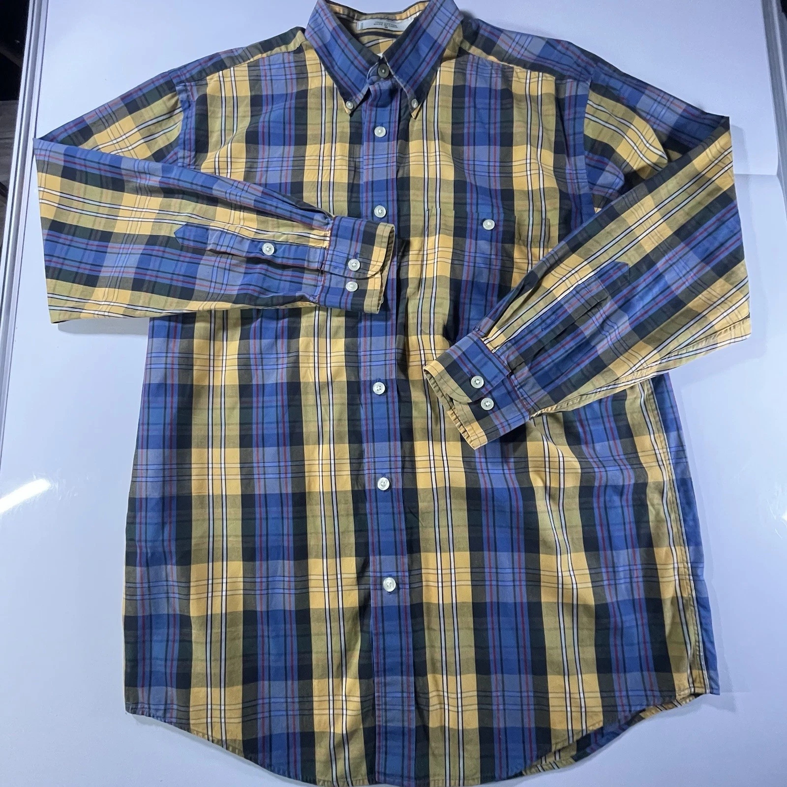 Men's ORVIS Shirt Blue & Yellow Plaid Long Sleeve Button Down Shirt Size Medium