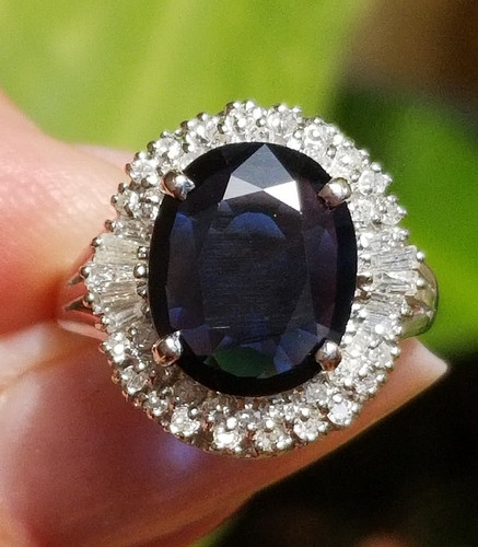 Antique Navy Blue Natural Sapphire Diamond Platinum ring