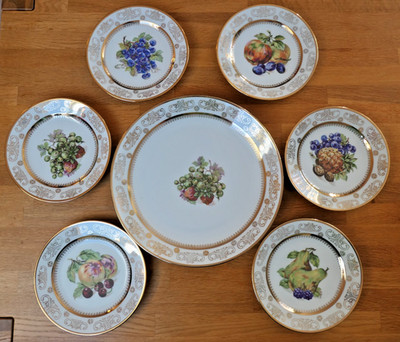 Vintage Obstteller-Set Kahla Porzellan 7 -teilig Goldrand