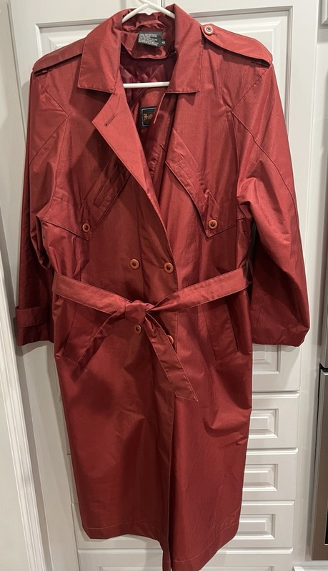 British Mist Womens Belted Long Trench Coat Rust Red Double Breasted Sz 10