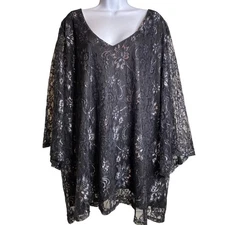 Catherines Womens Tunic Top Size 4X Black Silver Floral Lace Flowy Boho Luxe