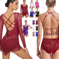 Lady Latin Dance Rhinestone Fringe Leotards Rumba Samba Salsa Ballroom Dancewear
