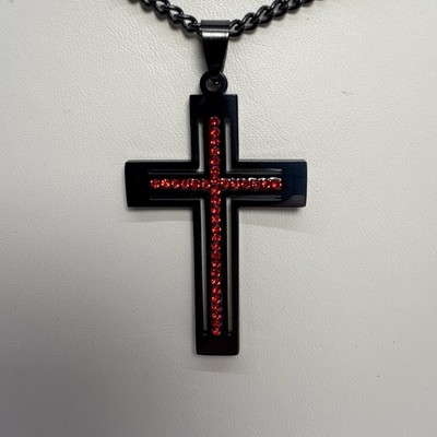 Black Simulated Shiny Red Ruby Crystal Cross With Black Curb Chain (Brand New)