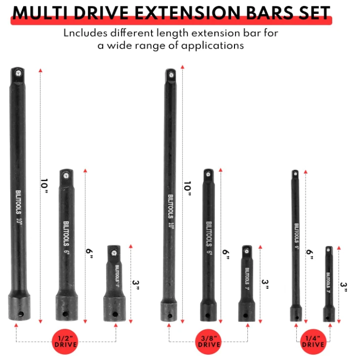 18-Piece Drive Tool Set, 1/4–1/2" Extensions, Adapters, U-Joints, Cr-V Steel - Image 2 of 4