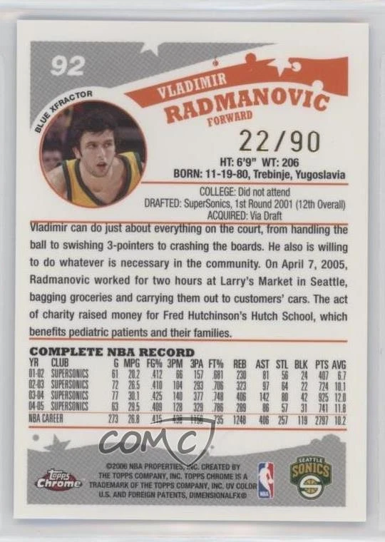 2005-06 Topps Chrome Blue X-Fractor /90 Vladimir Radmanovic #92 - Image 2 of 2