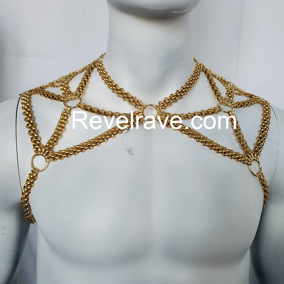 Rave Burning Men Gold Punk Festival Shoulder BodyChain Harness Carnival Outfits - Image 2 of 4
