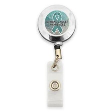 Ovarian Cancer Awareness Ribbon Silver ID Card Holder Retractable Badge Reel