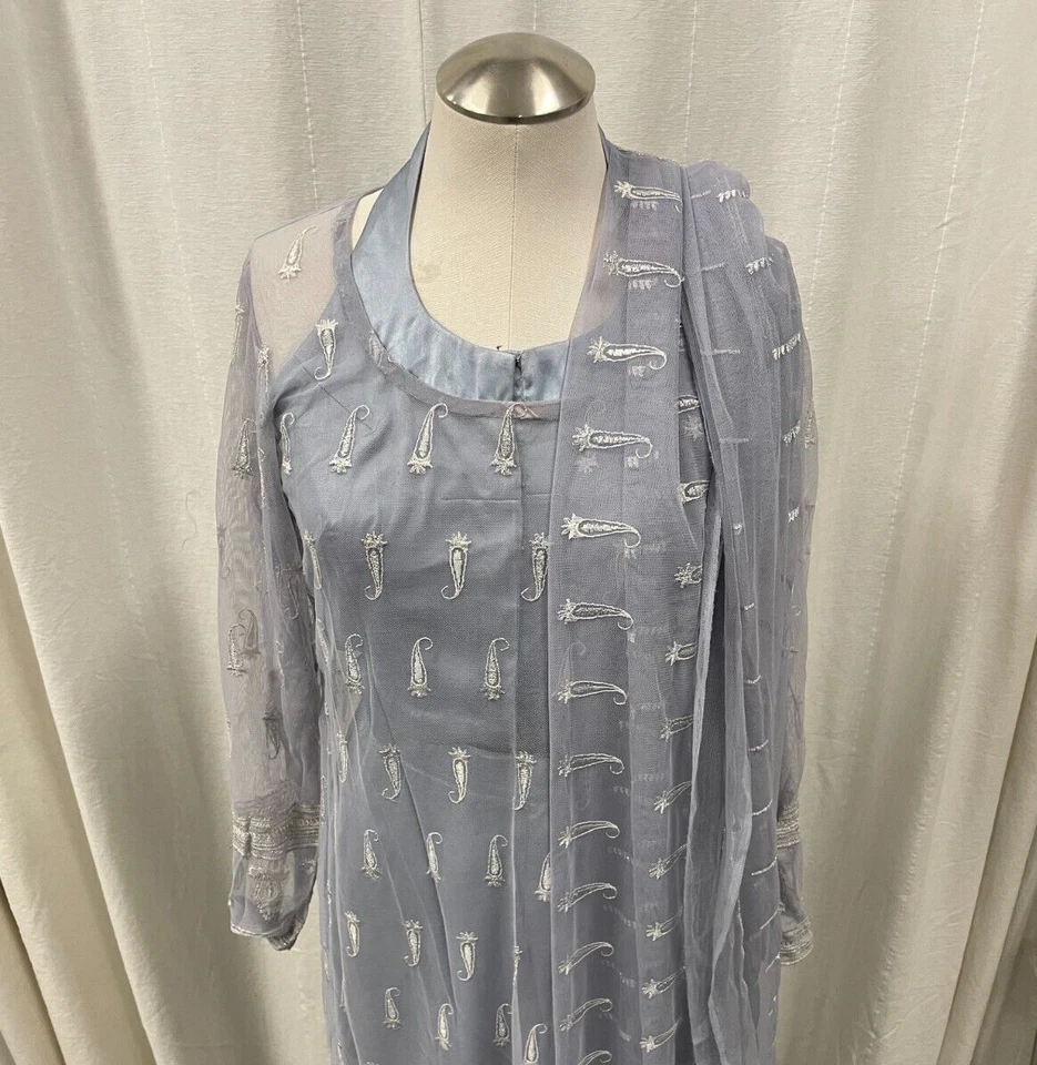 Designer Salwar Kameez 4 Pc Set Medium Silk Net Overlay Halter Top Kurta Dupatta - Image 4 of 4