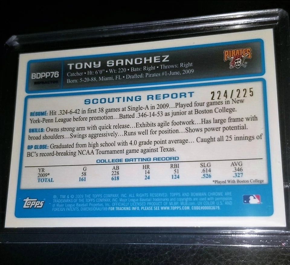 2009 Tony Sanchez 1st Bowman Chrome Refractor Auto #/225 Pirates #1 Draft Pick - Image 2 of 3