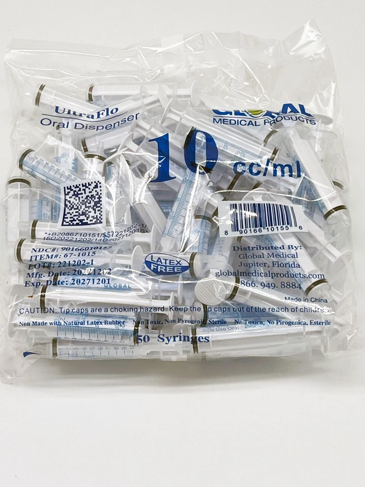 Jeringas 10cc ULTRA-FLO ORAL 10 ml estériles NUEVA jeringa + tapa -2 cucharaditas - paquete de 100 Foto 3 de 4