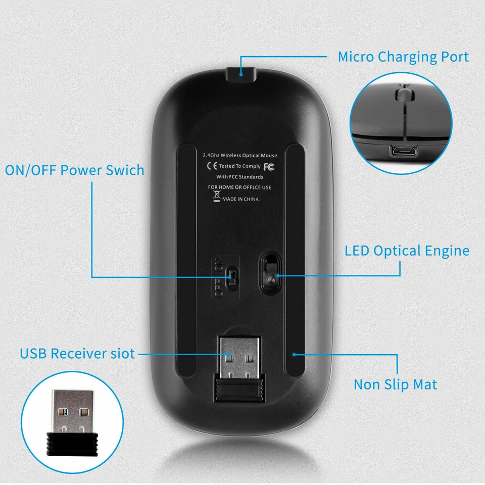 2.4GHz Rechargeable Wireless Mouse USB Receiver Mice For Computer PC Laptop - Image 4 of 4
