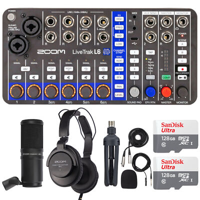 Zoom LiveTrak L6 Digital Mixer / Recorder + ZDM1 Podcast Mic Kit + 2x 128GB Card