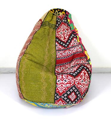 One Of A Kind Handmade Cotton Floral Kantha Bohemian Round Pouf Bean Bag
