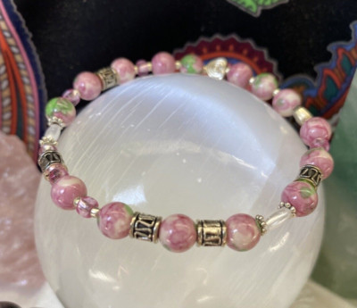 Rain Flower Jade Bracelet. BoHo Style 6.5 inch Stretch Bracelet. Gift for Her.