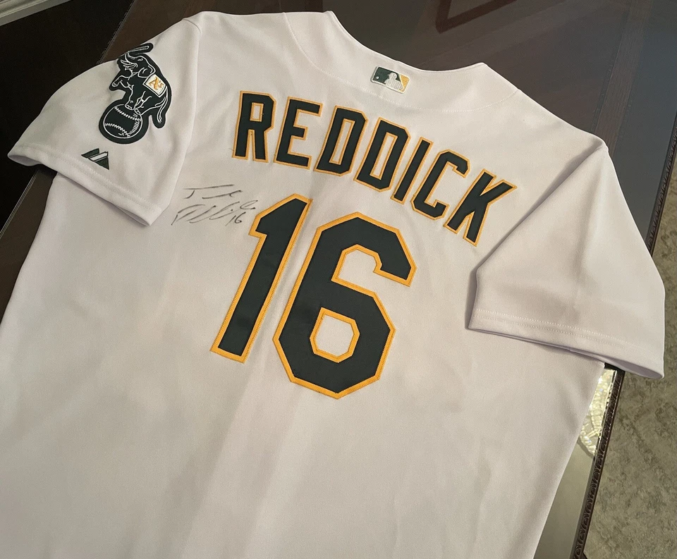 Camiseta deportiva autografiada Josh Reddick #16 Oakland Athletics A’s auténtica majestuosa Foto 3 de 4
