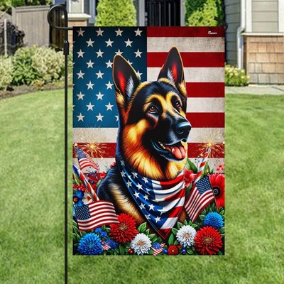 German Shepherd Flowers 4th Of July Garden Flag, Independence Day Flag